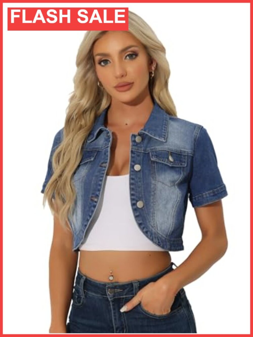 Short Sleeve Crop Denim Jacket Turndown Collar Button Down